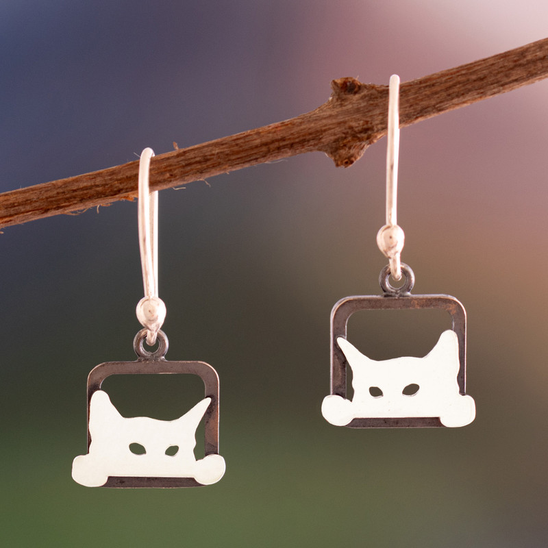 Peeking Cat-Themed Polished Darkened Silver Dangle Earrings, "Eyes of Dawn"