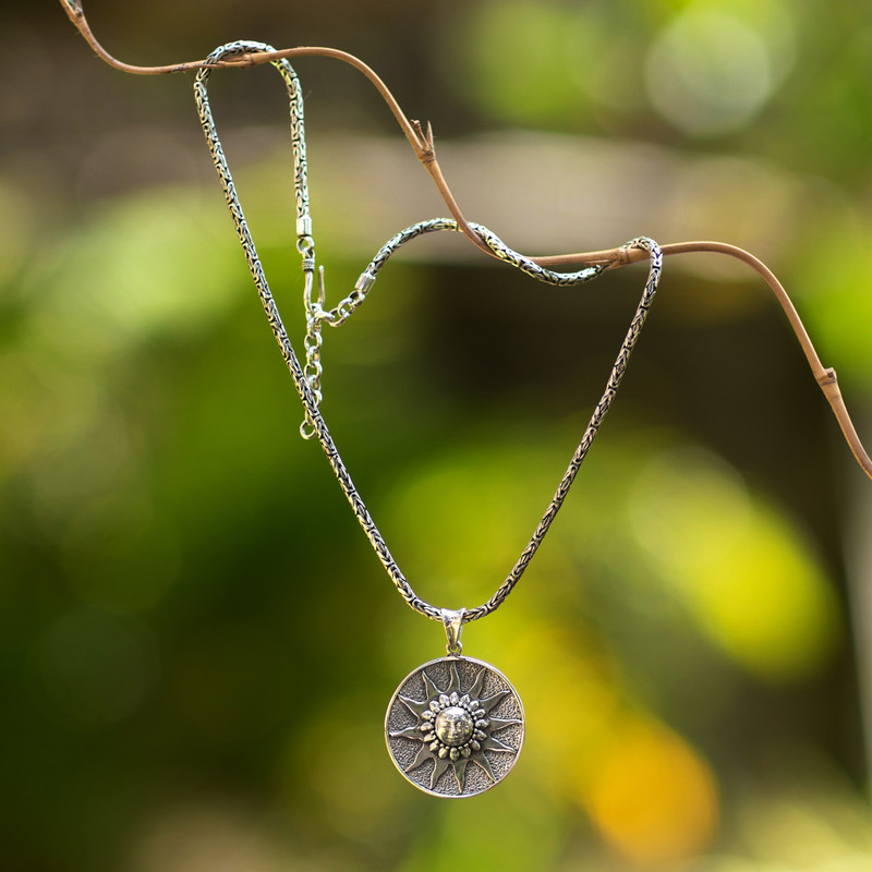 Sun-Themed Textured Sterling Silver Pendant Necklace for Men, "Light of the Earth"