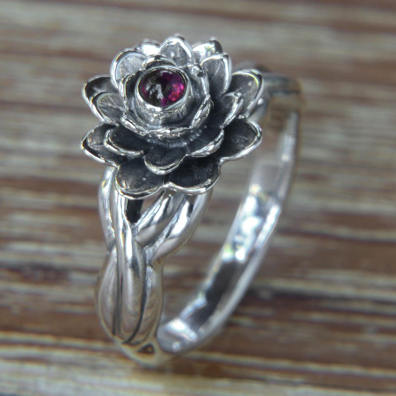 Handcrafted Floral Sterling Silver and Garnet Ring, "Red-Eyed Lotus"