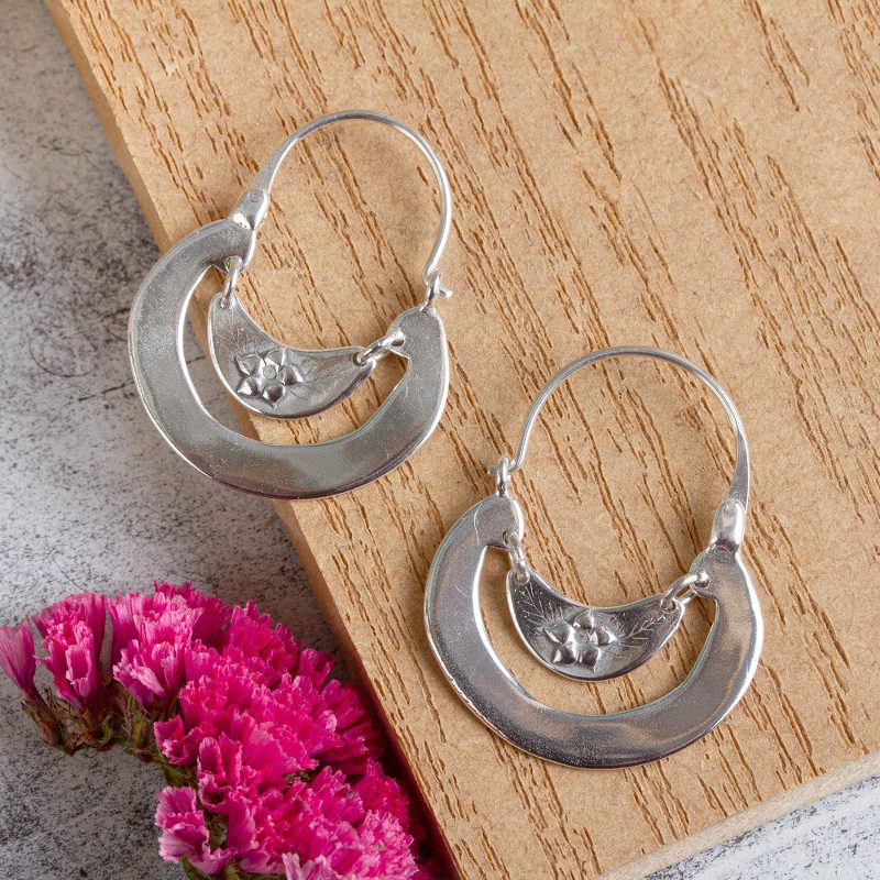 Women's Floral Sterling Silver Hoop Earrings, "Floral Crescent"
