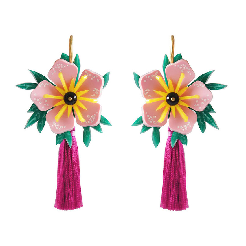 Pink Tropical Flower Earrings With Removeable Tassel By Laliblue