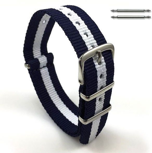 Raymond Weil Compatible White & Navy Stripes One Piece Slip Through Nylon Watch Band Strap SS Buckle #6008