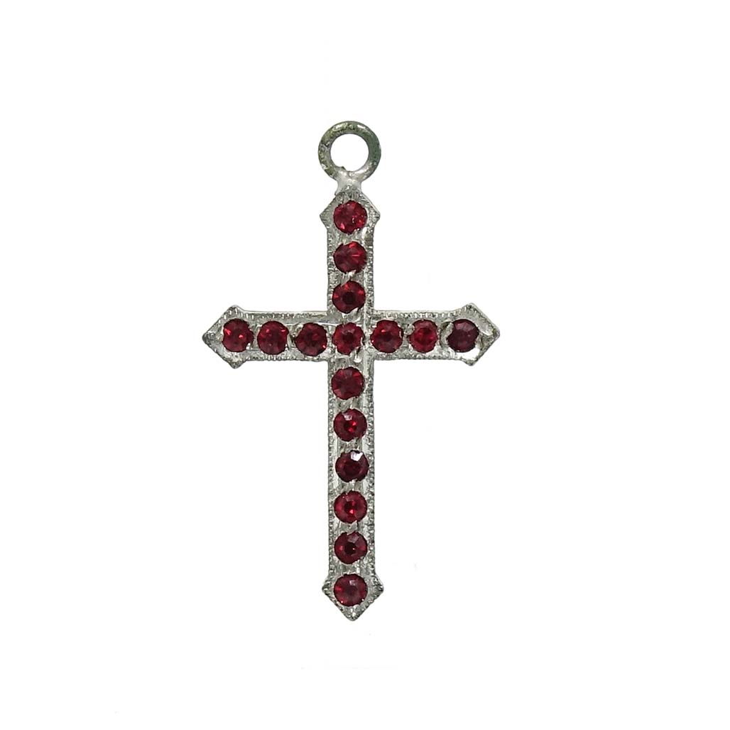 Vintage Pot Metal Deep Red Rhinestone Cross Pendant