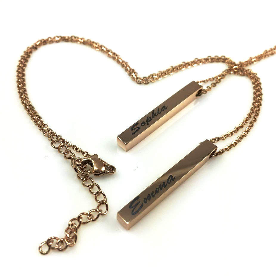 Rose Gold Tone Personalized Laser Engraved Name Plate Vertical Bar Necklace Pendant #1004