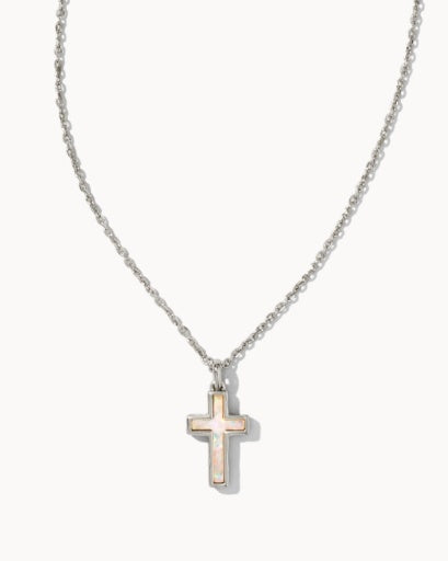 Cross Pendant Necklace Rhodium White Opal Gemstone Jewelry