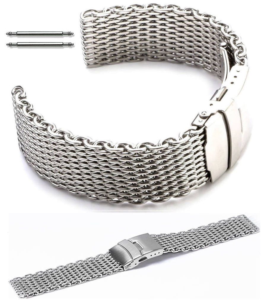 Stainless Steel Metal Shark Mesh Bracelet 20mm Watch Band Double Locking Clasp #5030
