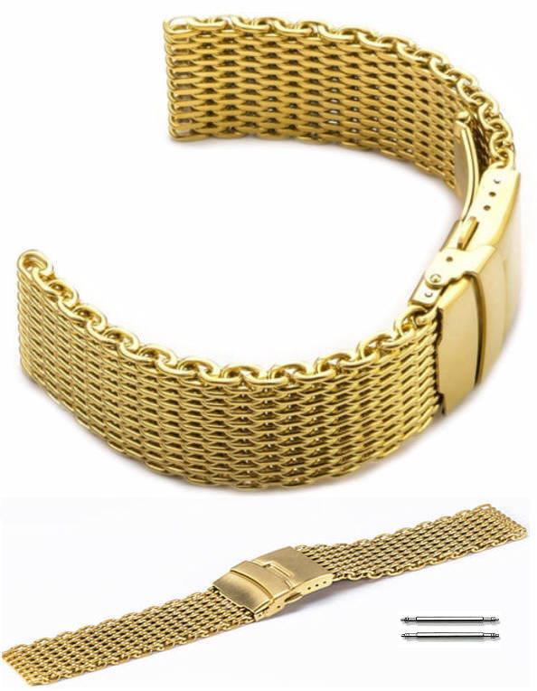 Stainless Steel Metal Shark Mesh Bracelet 22mm Watch Band Double Locking Gold #5031