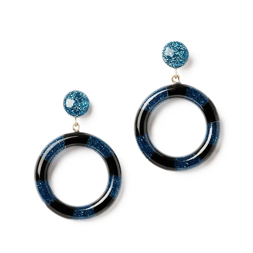 Teal And Black Candy Striped Hoop Earrings By Splendette
