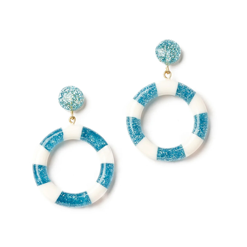 Turquoise And White Candy Striped Hoop Earrings By Splendette