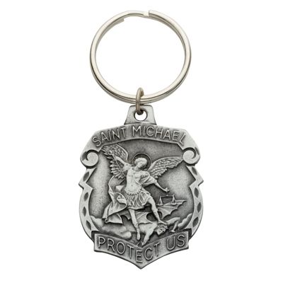 Extel Pewter Shield St. Michael Patron Saint Police Key Chain