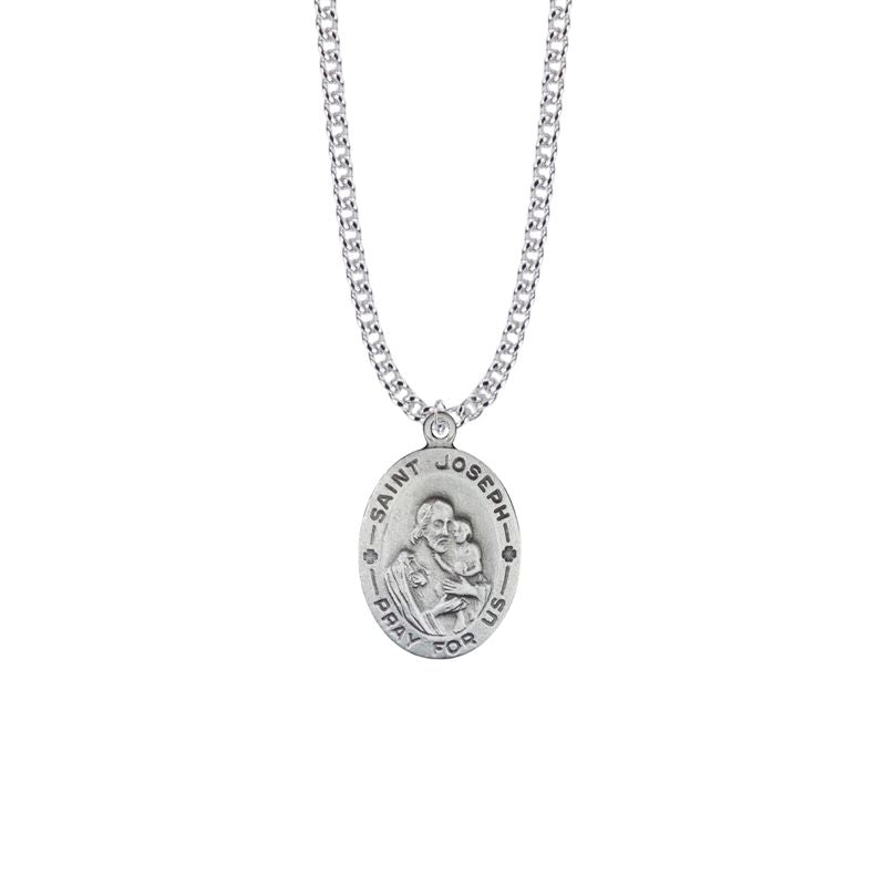 Extel Large Pewter Oval Saint Joseph Medal Pendant 24 Inch Chain