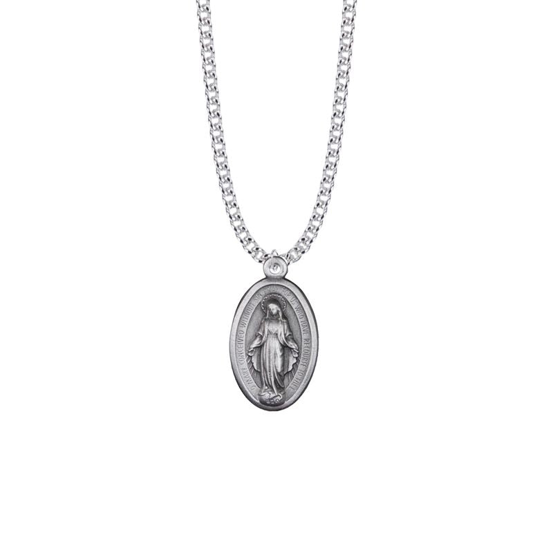 Extel Large Pewter Large Oval Miraculous Medal Pendant for Men with 24 Inch Chain