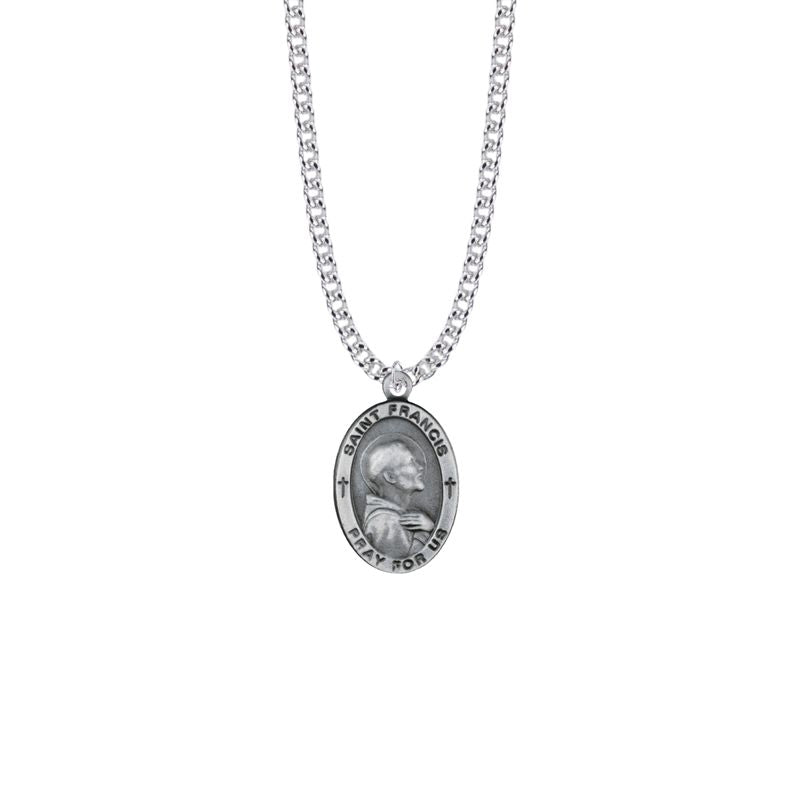 Extel Large Pewter Oval Saint Francis Medal Pendant 24 Inch Chain