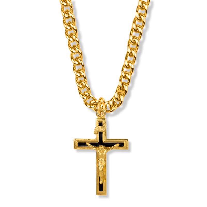 Extel Large 14KT Gold Plated Over Sterling Silver Black Enamel Crucifix Pendant for Men
