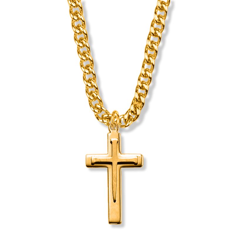 Extel Large 14KT Gold Plated Over Sterling Silver Nail Cross Pendant for Men with 24 Inch Chain