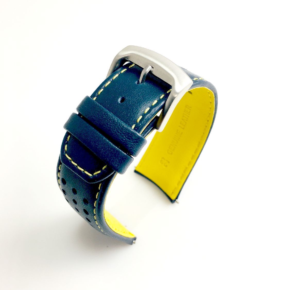 Victorinox Swiss Army Compatible Blue Yellow Stitching Sporty Curved End Leather Replacement Watch Band Strap  #1547