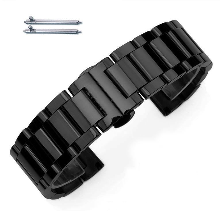 Wenger Compatible Black PVD Steel Metal Bracelet Replacement Watch Band Strap Push Butterfly Clasp #5011