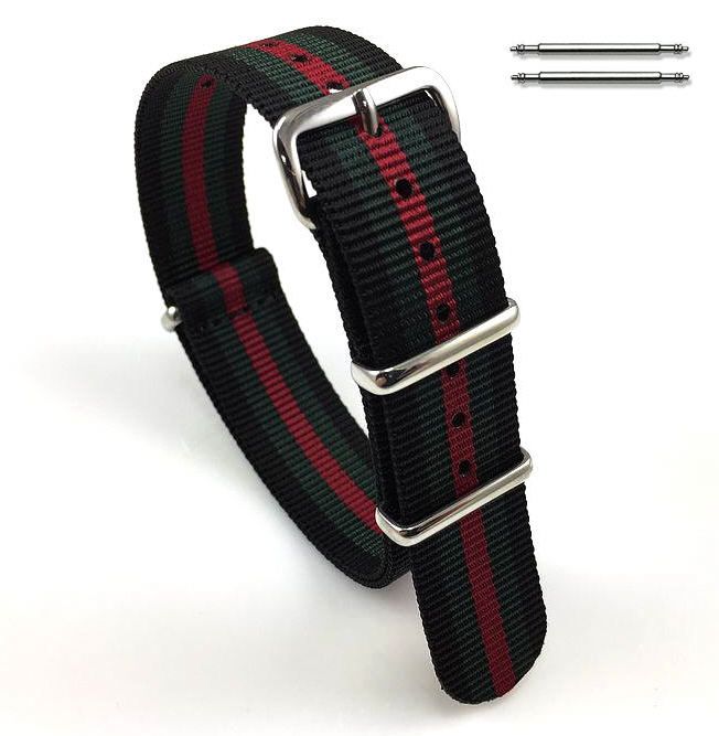 Wenger Compatible Black Red Green Stripes One Piece Slip Through Nylon Watch Band Strap Buckle #6F20