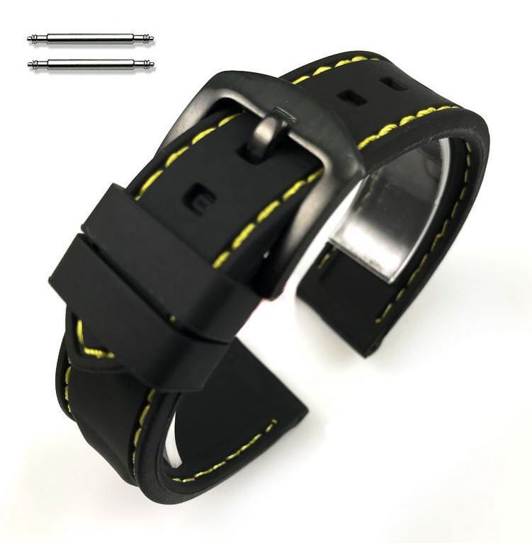Wenger Compatible Black Rubber Silicone Replacement Watch Band Strap Yellow Stitching Steel Buckle #4007