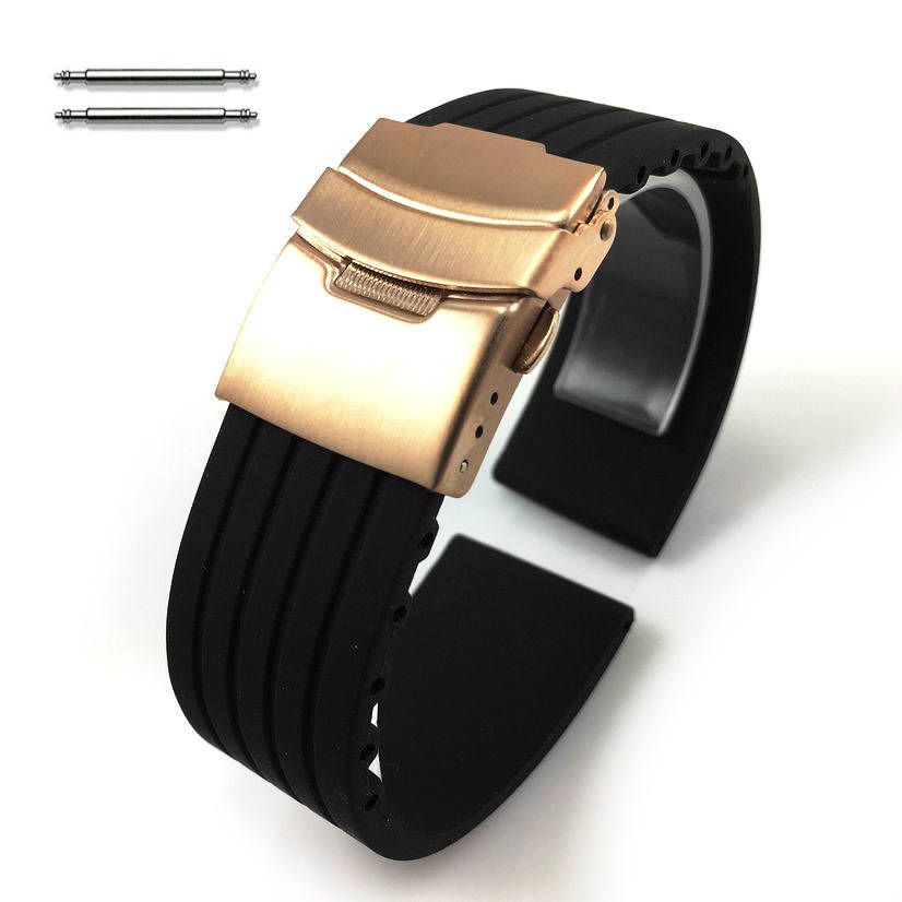Wenger Compatible Black Rubber Silicone Watch Band Strap Rose Gold Double Locking Clasp #4011RG