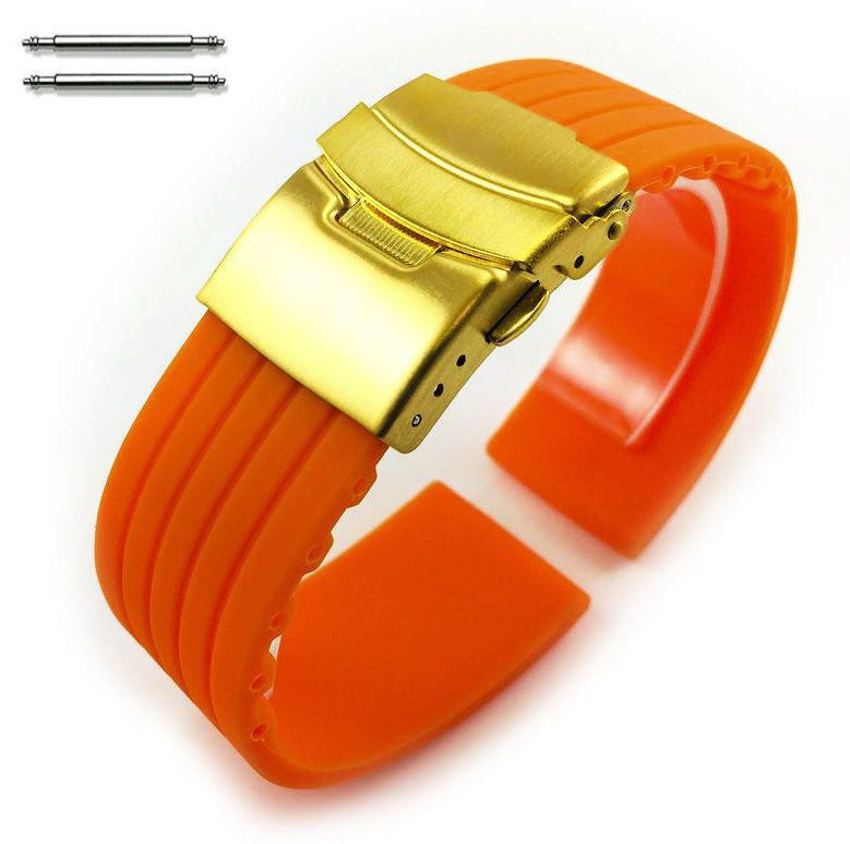 Wenger Compatible Orange Rubber Silicone Replacement Watch Band Strap Gold Double Lock Buckle #4013G