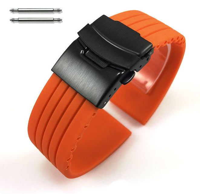 Wenger Compatible Orange Rubber Silicone Watch Band Strap Double Locking Black PVD Steel Buckle #4014